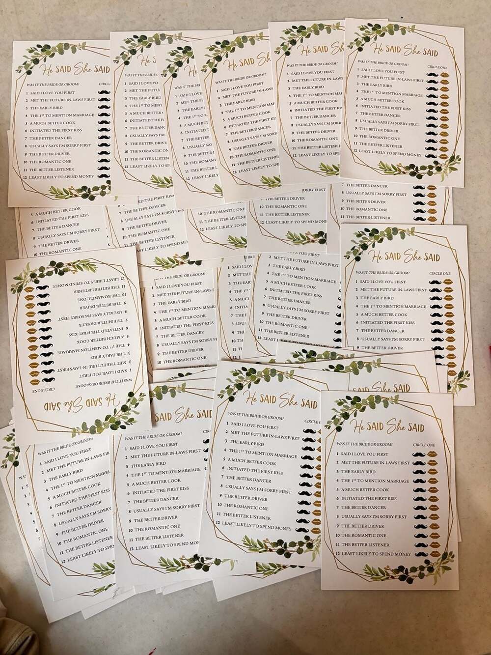 He Said She Said Bridal Shower Game Cards with Greenery and Gold Geometric Desig